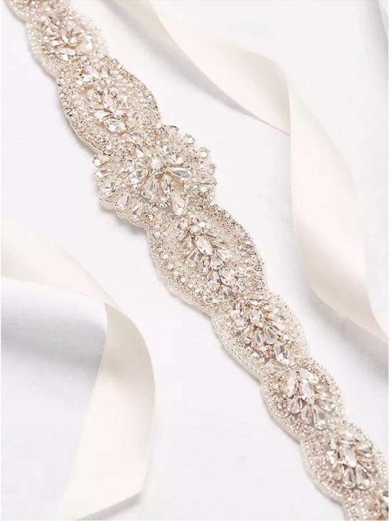 David\'s Bridal Ivory Satin Belt with Crystal Beaded Applique